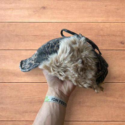 Vintage style trapper Russian ear flap hat cap in leopard & beige colour way.