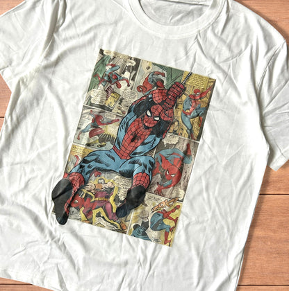 Vintage style Spiderman tshirt with front graphic in white.