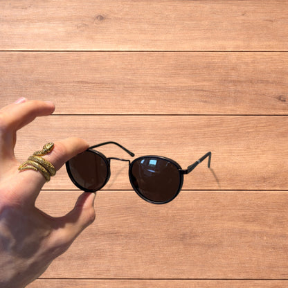 Vintage steampunk style rounded sunglasses in brown with brown lense.