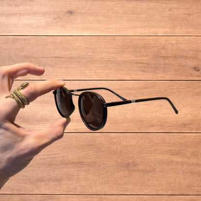 Vintage steampunk style rounded sunglasses in brown with brown lense.