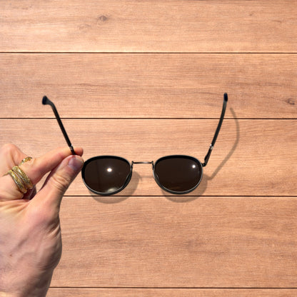 Vintage steampunk style rounded sunglasses in brown with brown lense.