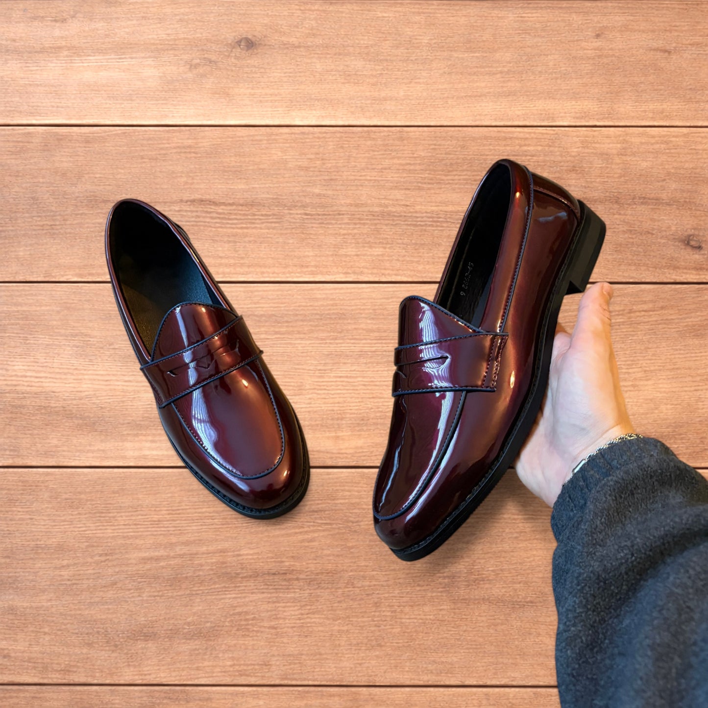 Lovely faux leather penny dress loafers shoes in oxblood red.