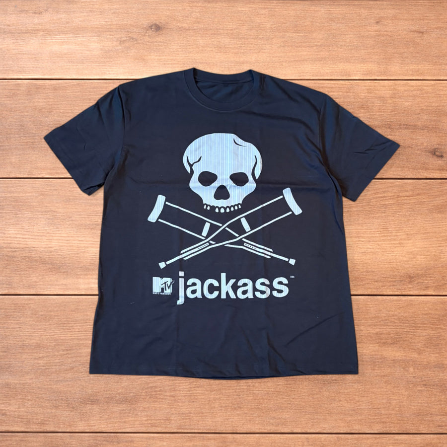 Vintage Jackass MTV T-shirt in dark fabric with a grey skull and crossed crutches graphic on front