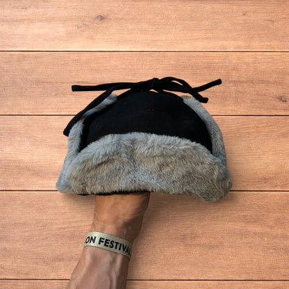 Russian ushanka trapper ear flap winter hat in black/grey colour way.