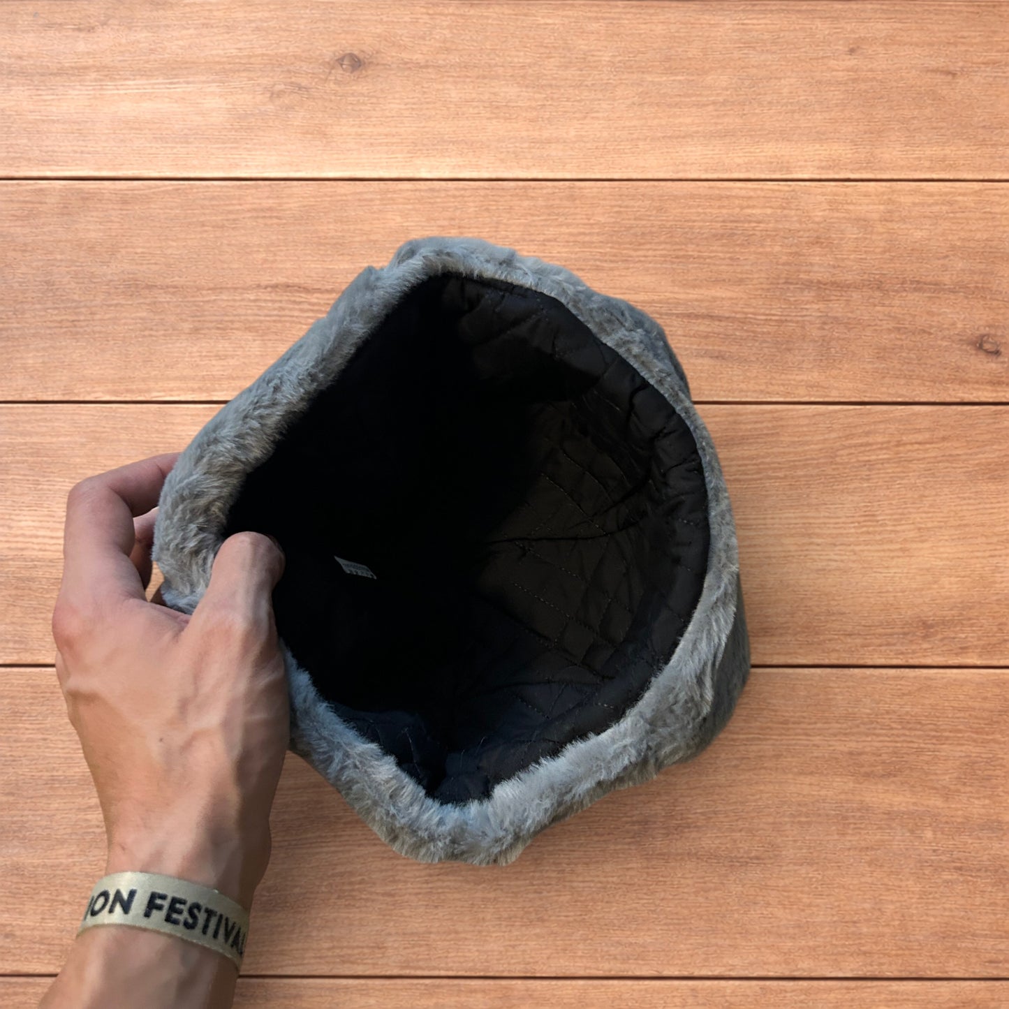 Russian ushanka trapper ear flap winter hat in black/grey colour way.