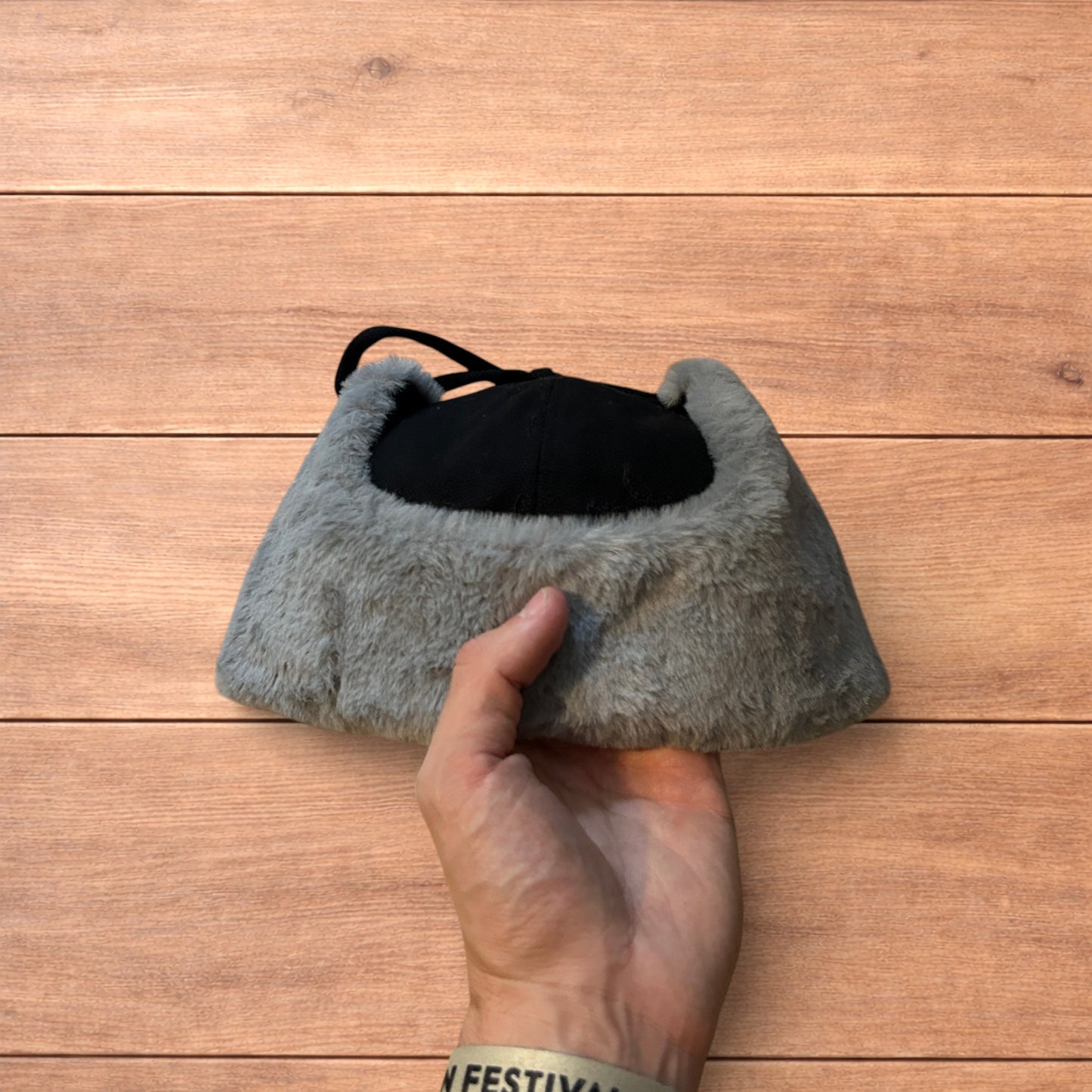Russian ushanka trapper ear flap winter hat in black/grey colour way.