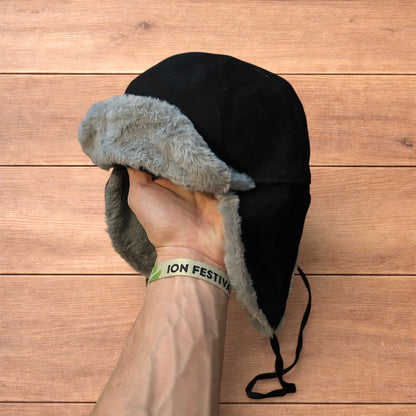 Russian ushanka trapper ear flap winter hat in black/grey colour way.