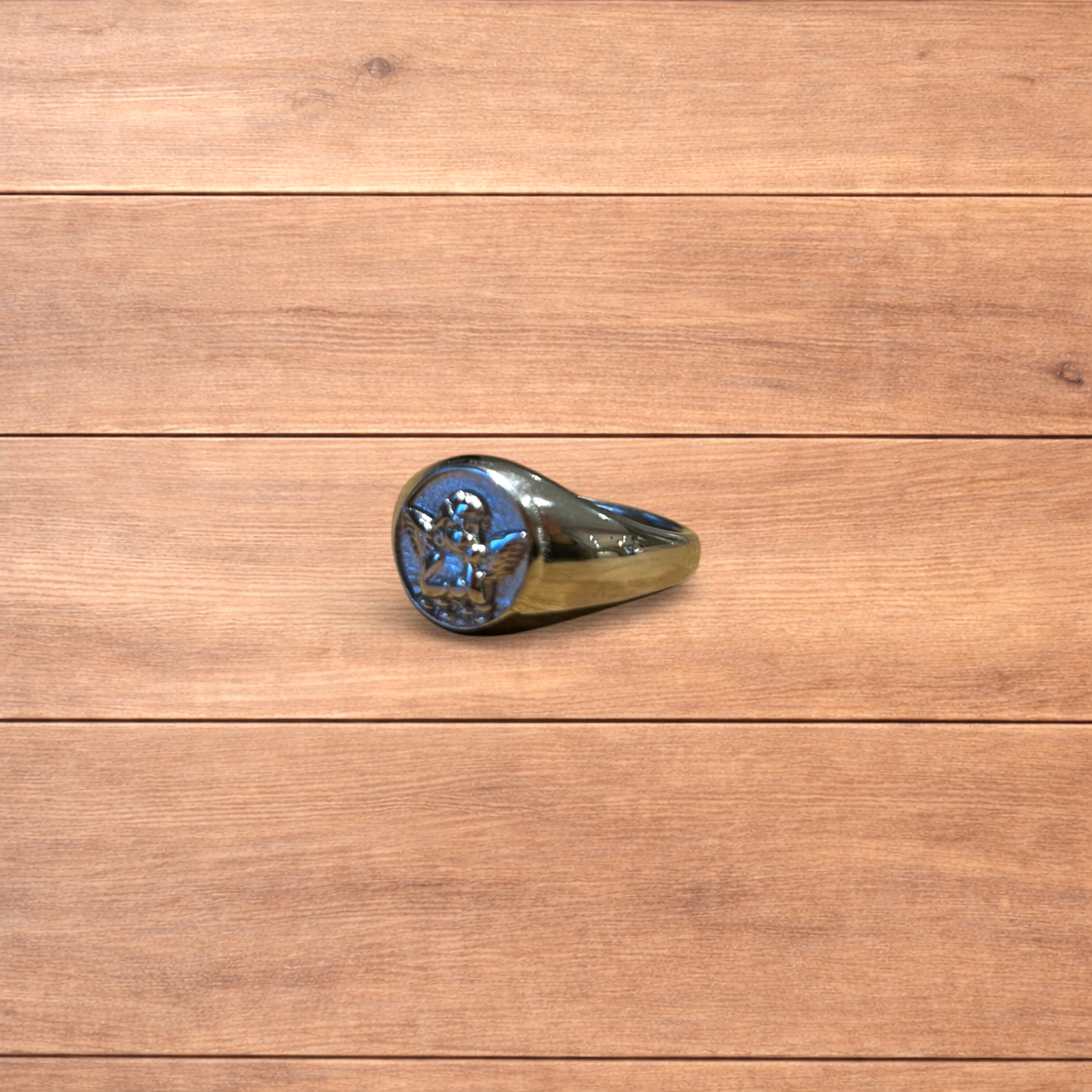 Lovely vintage style stainless steel angel signet ring in silver.