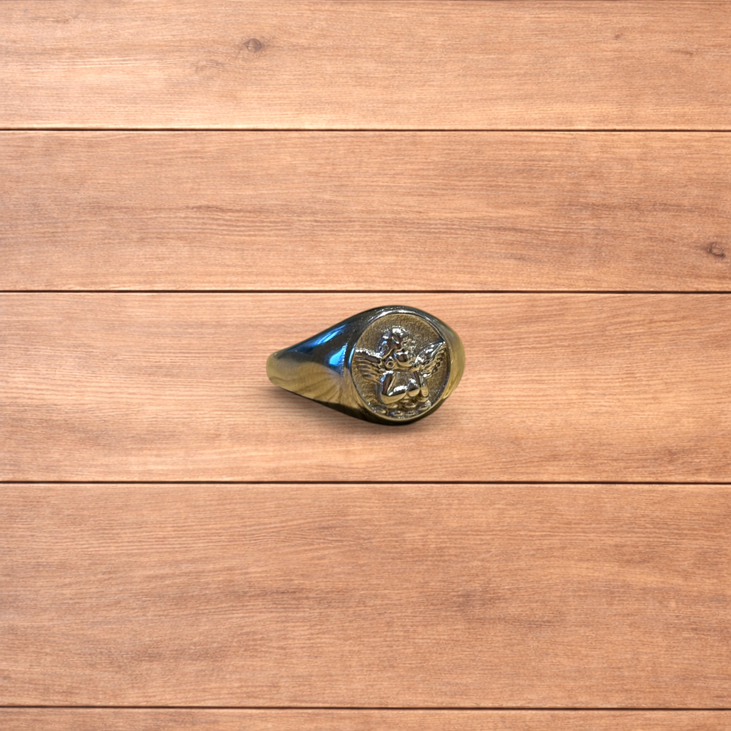 Lovely vintage style stainless steel angel signet ring in silver.