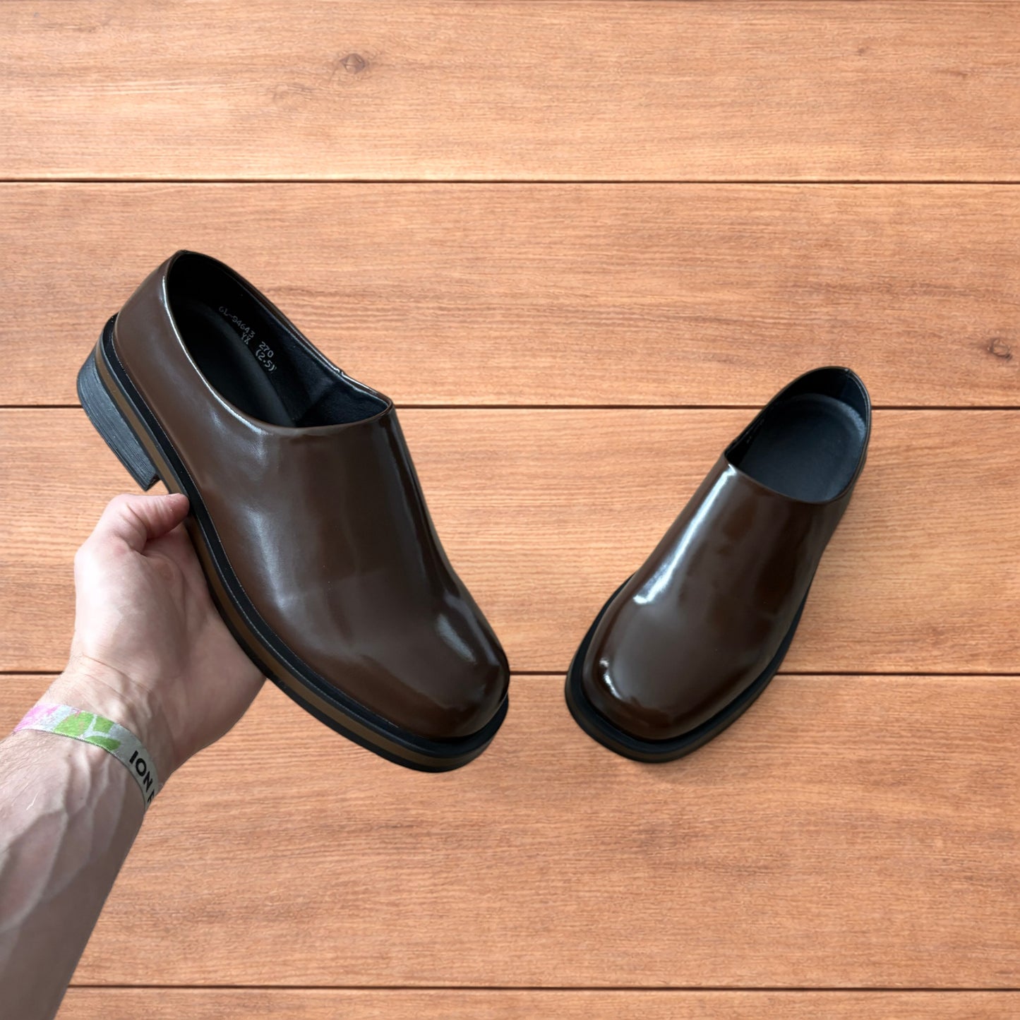 Lovely faux leather slip on loafers shoes in brown.