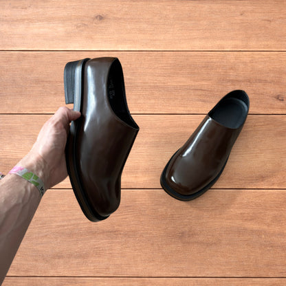 Lovely faux leather slip on loafers shoes in brown.