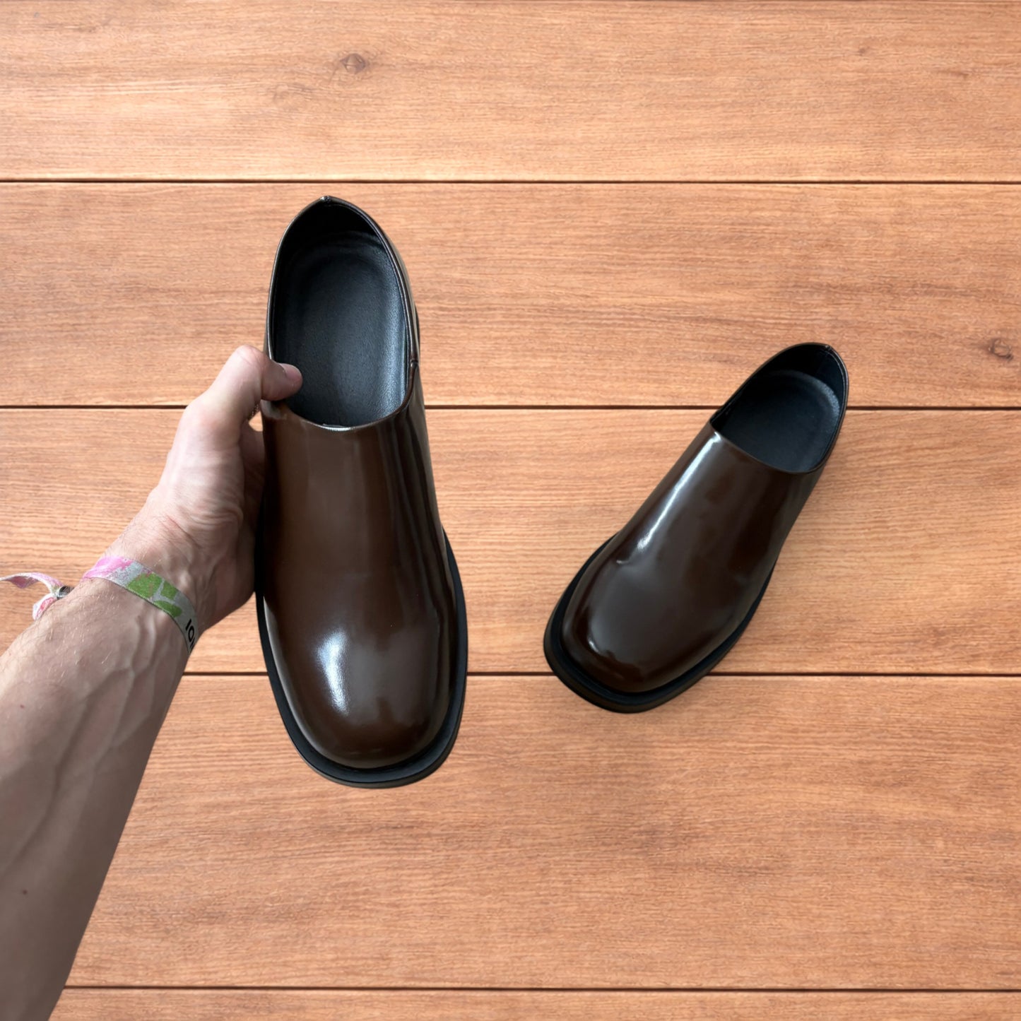 Lovely faux leather slip on loafers shoes in brown.
