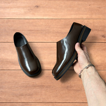 Lovely faux leather slip on loafers shoes in brown.