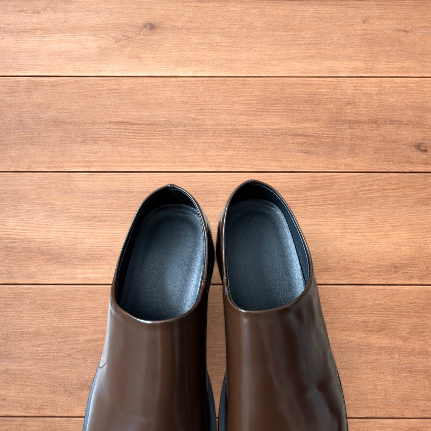 Lovely faux leather slip on loafers shoes in brown.