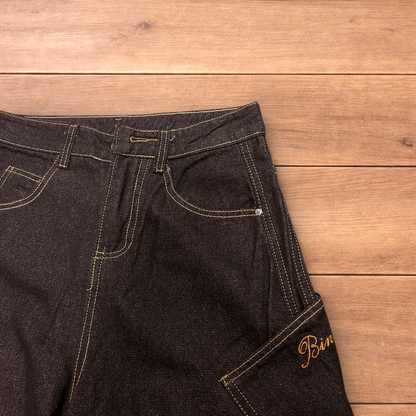 Incredible vintage style baggy wide leg skater fit jeans with embroidery in mid black.