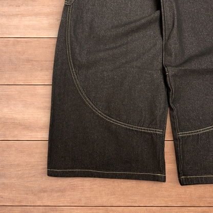 Incredible vintage style baggy wide leg skater fit jeans with embroidery in mid black.