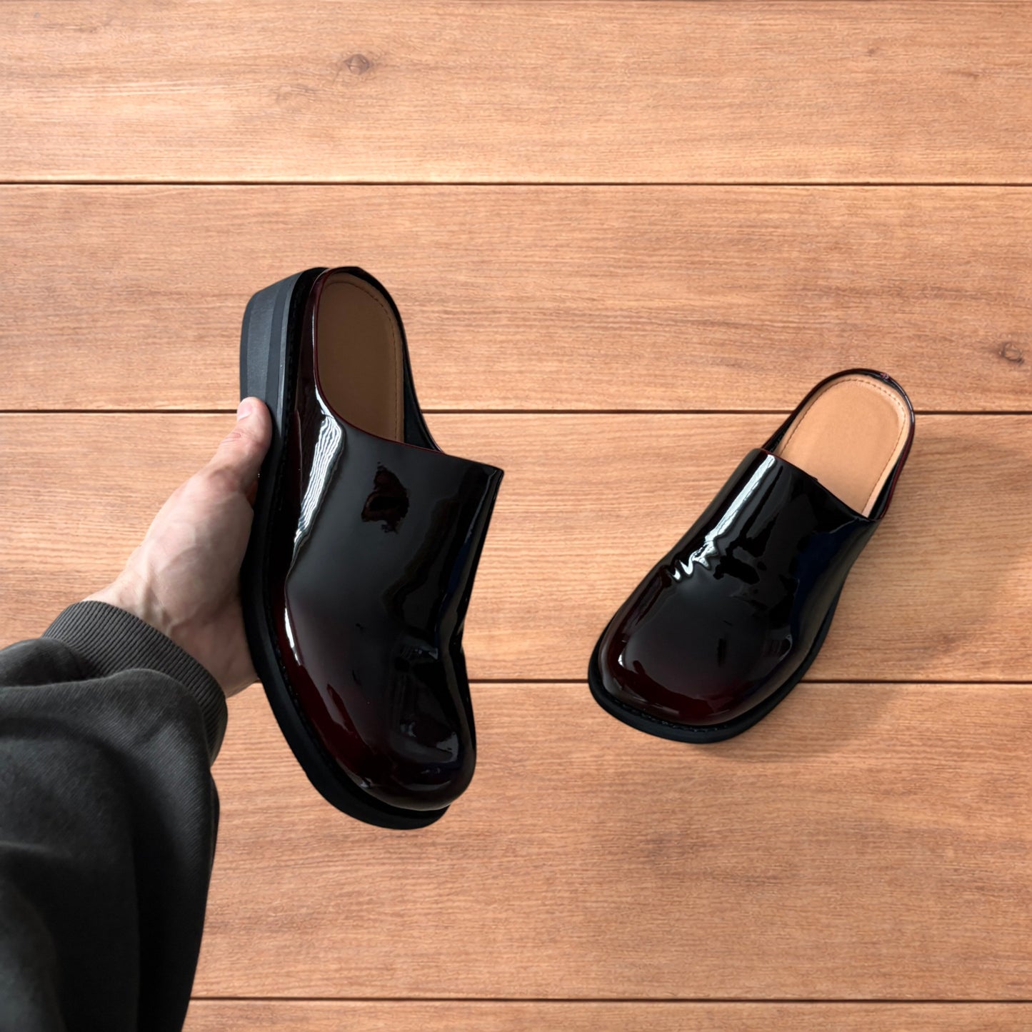 Lovely faux leather slip on clogs slippers in oxblood red.