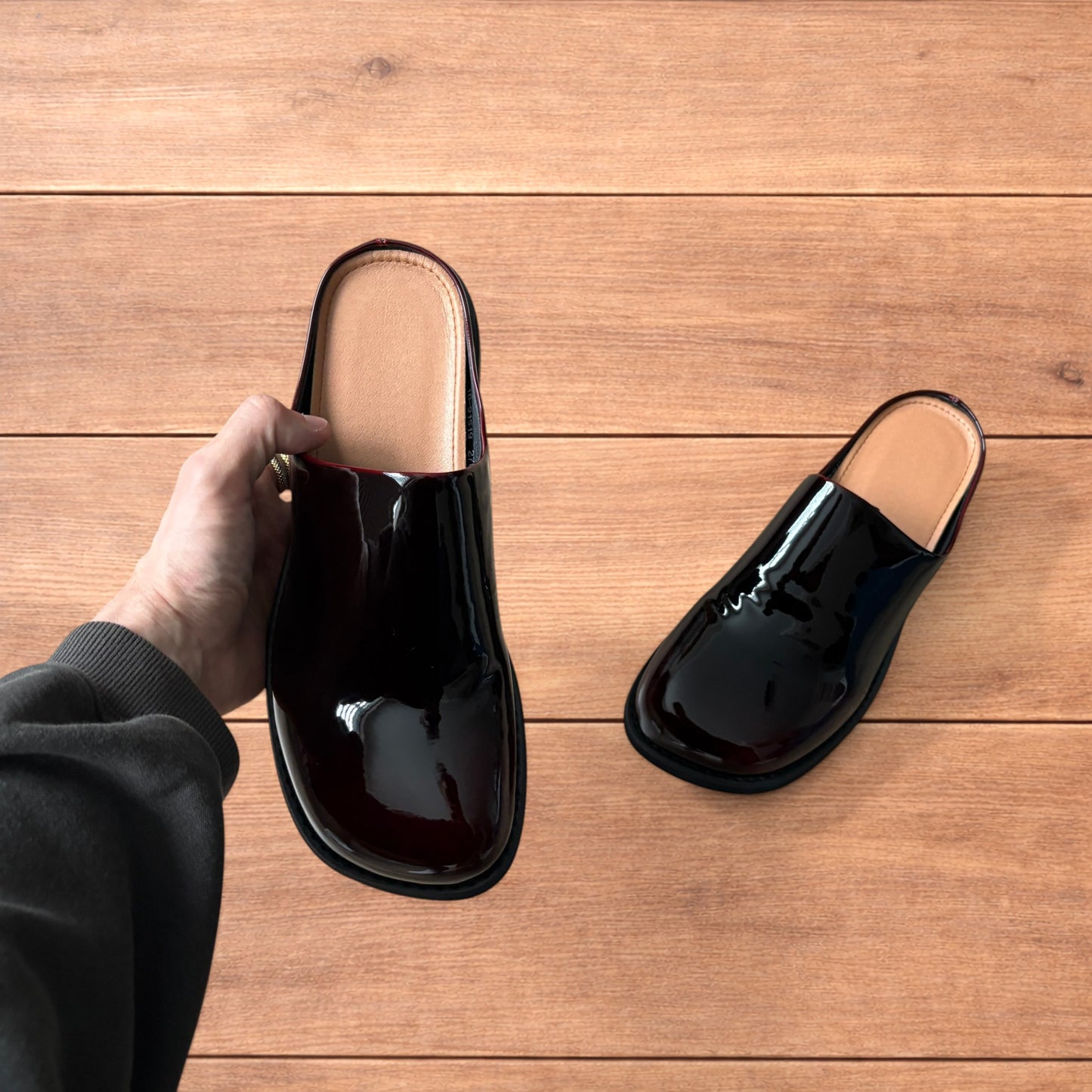 Lovely faux leather slip on clogs slippers in oxblood red.