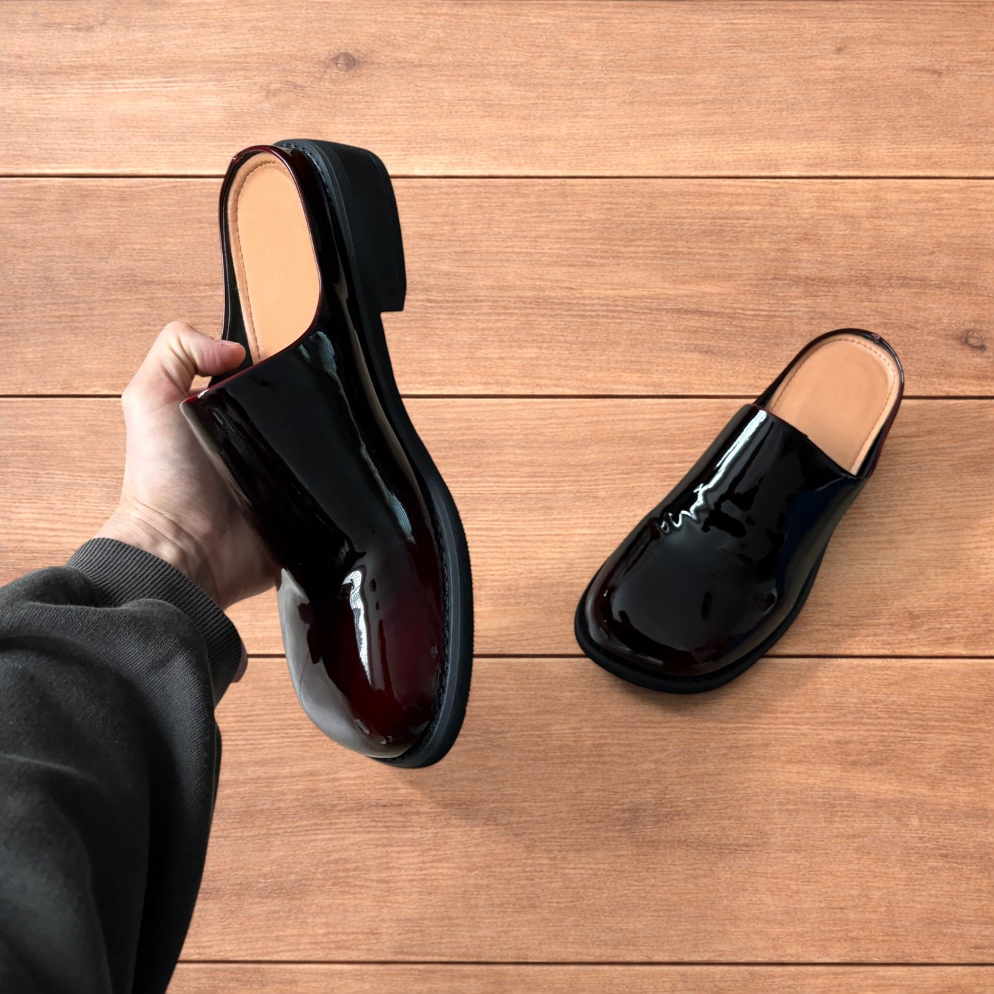 Lovely faux leather slip on clogs slippers in oxblood red.