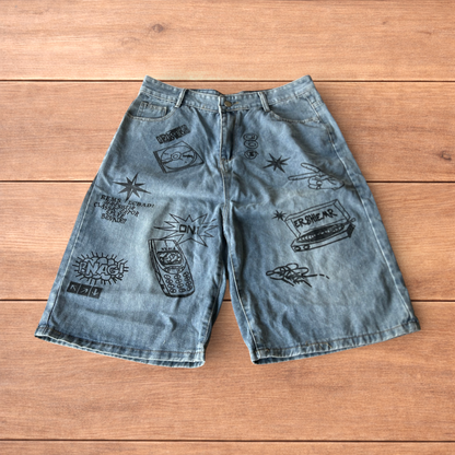 Incredible baggy wide leg denim shorts jorts with graffiti/graphic in light blue.
