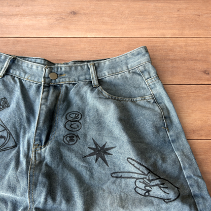 Incredible baggy wide leg denim shorts jorts with graffiti/graphic in light blue.