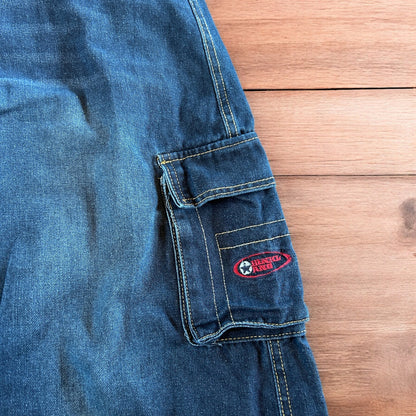 Incredible vintage style baggy wide leg skater fit cargo jeans with embroidery in mid blue.