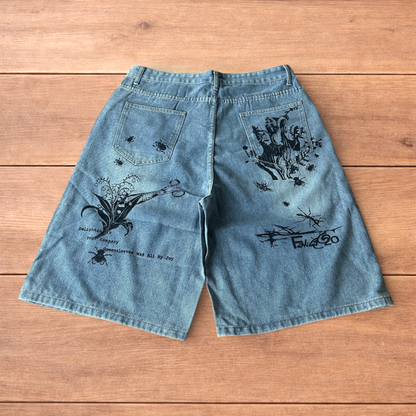 Incredible baggy wide leg denim shorts jorts with graffiti/graphic in light blue.