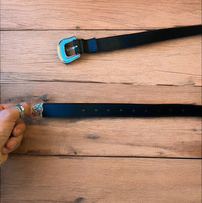 Vintage style faux leather western cowboy belt in black with silver trim. 105cm.