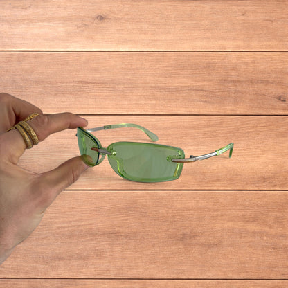 Lovely rimless rectangle frame sunglasses in green and silver.
