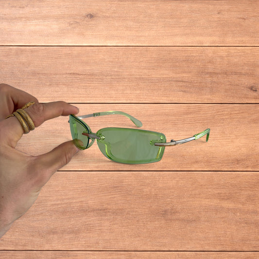 Lovely rimless rectangle frame sunglasses in green and silver.