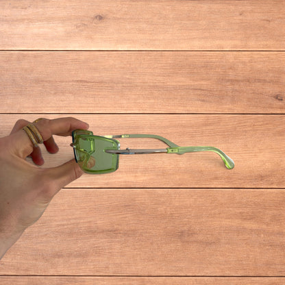 Lovely rimless rectangle frame sunglasses in green and silver.