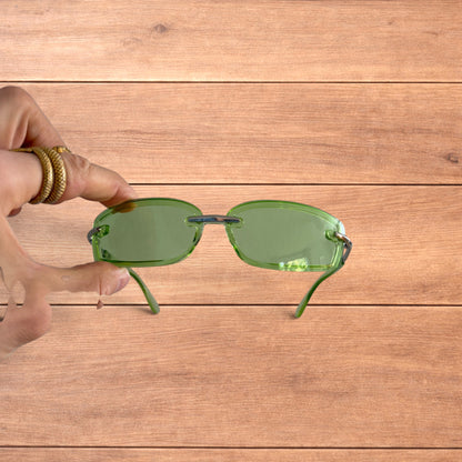 Lovely rimless rectangle frame sunglasses in green and silver.