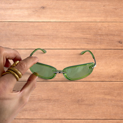 Lovely rimless rectangle frame sunglasses in green and silver.