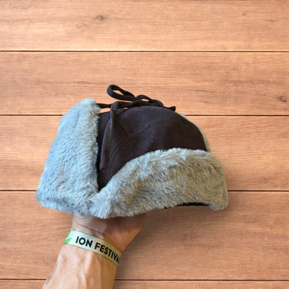 Russian ushanka trapper ear flap winter hat in grey colour way.
