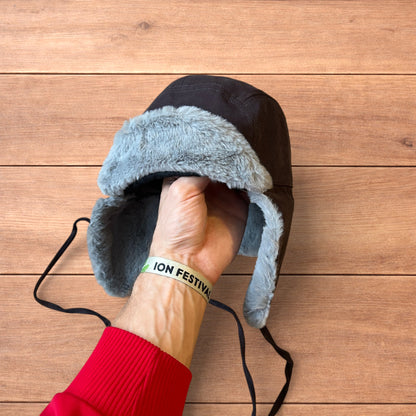 Russian ushanka trapper ear flap winter hat in grey colour way.