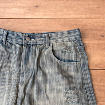 Super baggy wide leg striped denim shorts jorts in light blue.