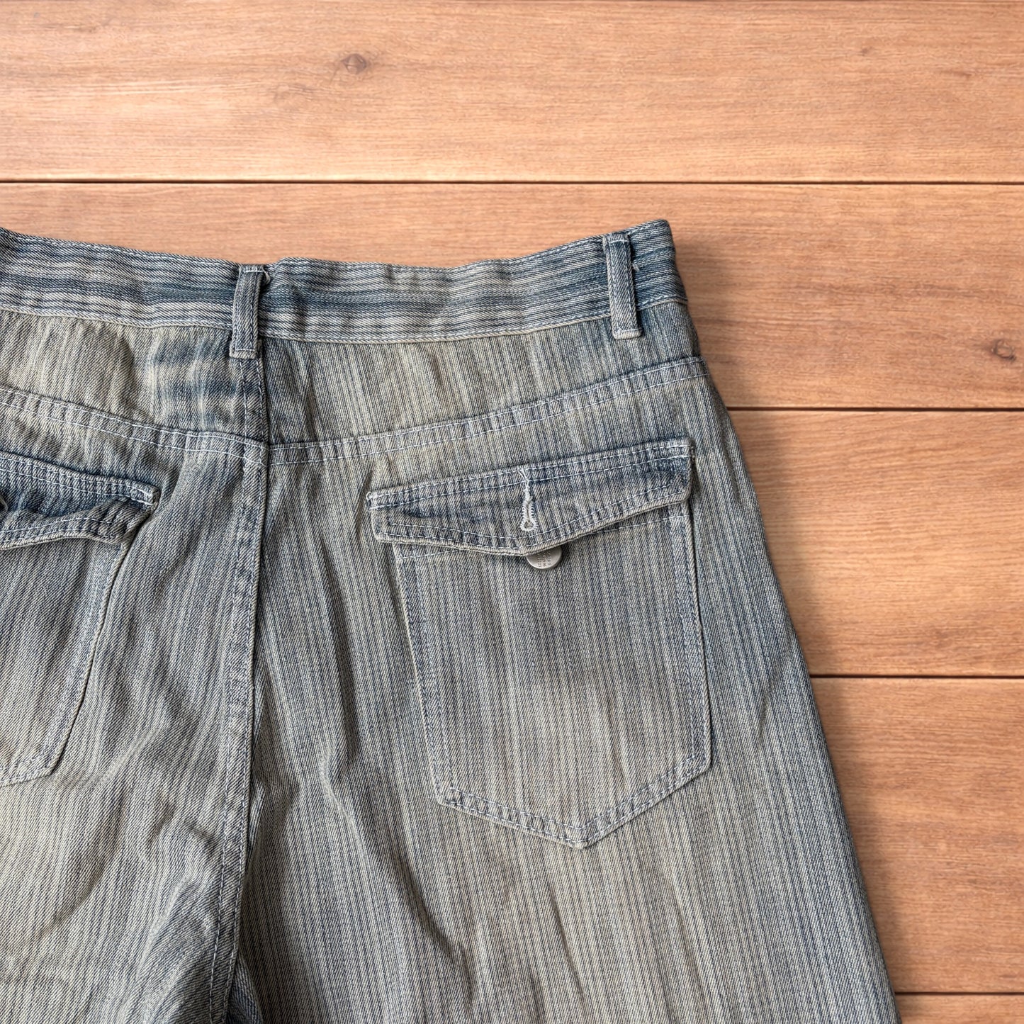 Super baggy wide leg striped denim shorts jorts in light blue.