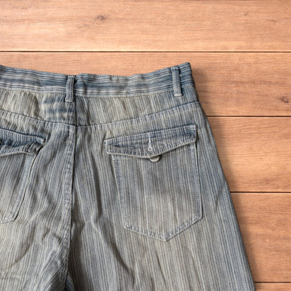 Super baggy wide leg striped denim shorts jorts in light blue.