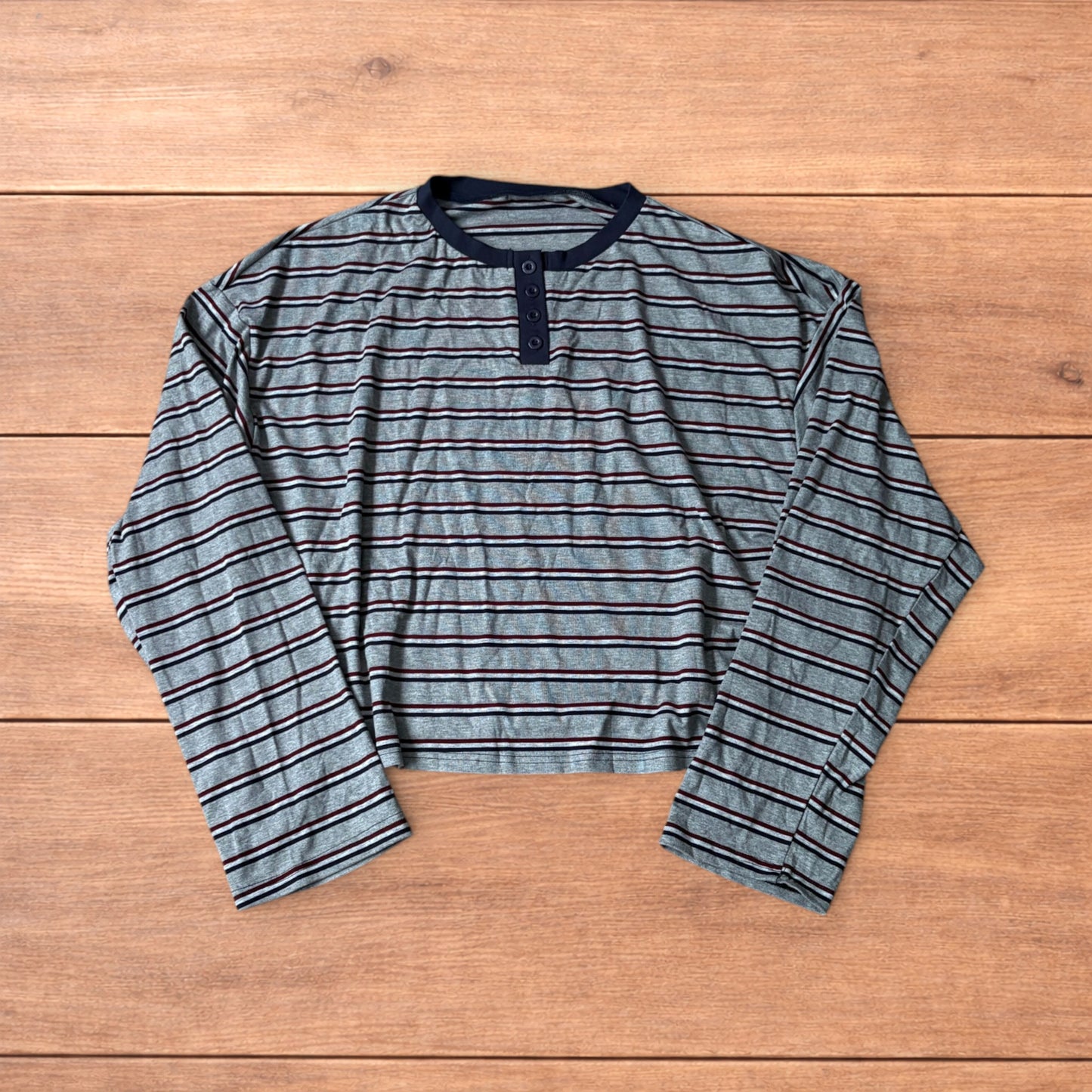 Relaxed fit striped Henley long sleeve top tshirt in grey.