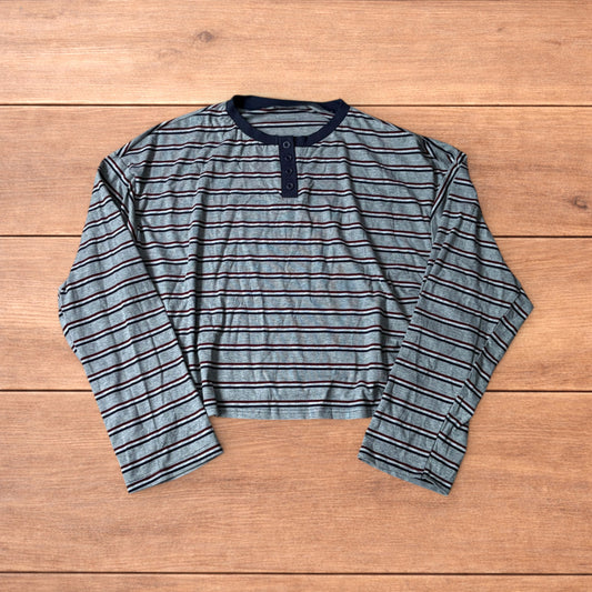 Relaxed fit striped Henley long sleeve top tshirt in grey.
