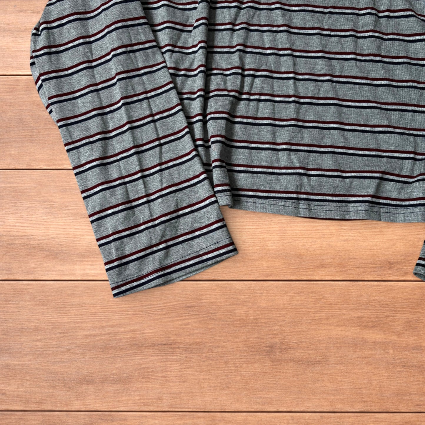 Relaxed fit striped Henley long sleeve top tshirt in grey.