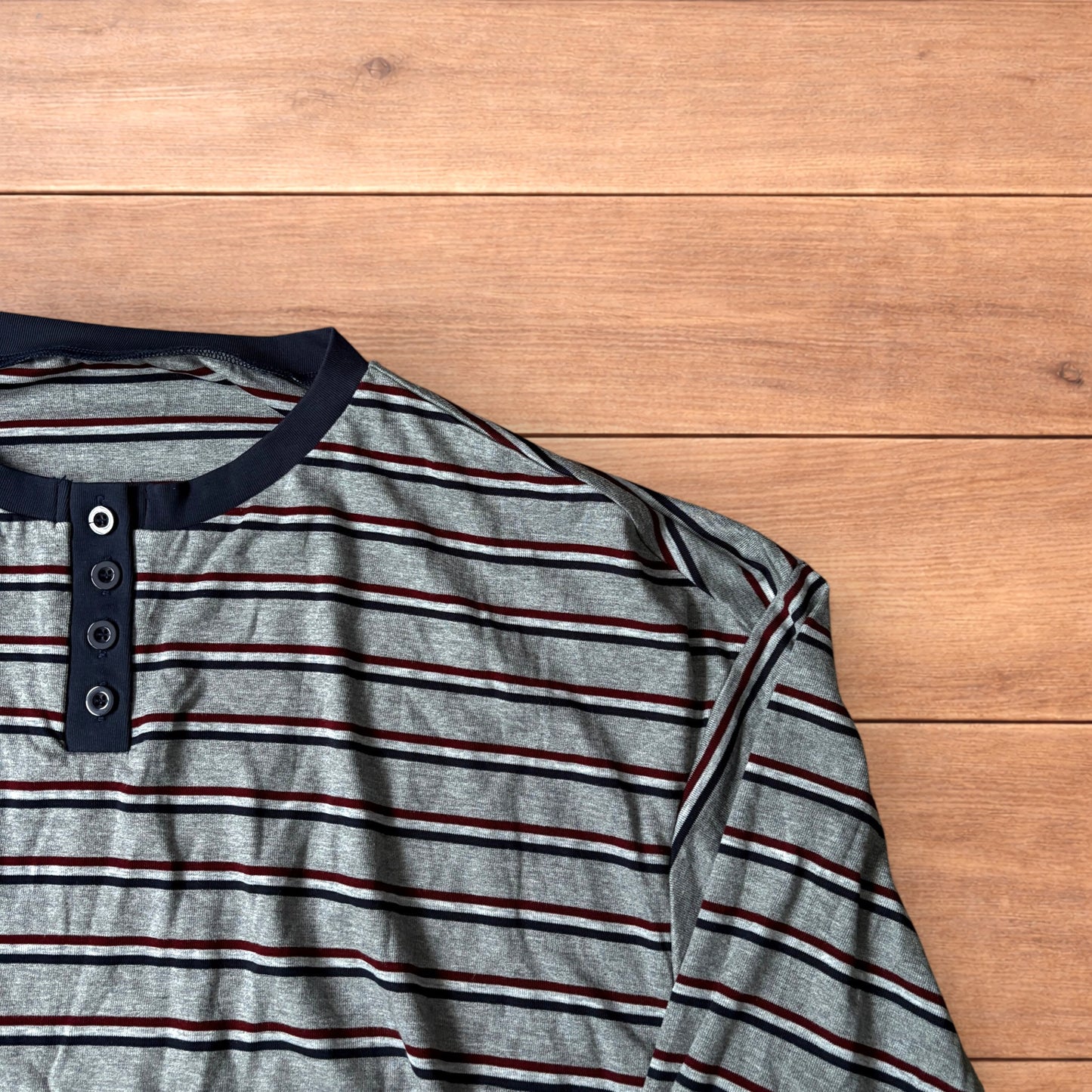 Relaxed fit striped Henley long sleeve top tshirt in grey.