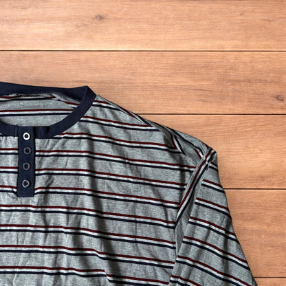 Relaxed fit striped Henley long sleeve top tshirt in grey.