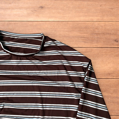 Relaxed fit striped long sleeve top tshirt in brown/blue.