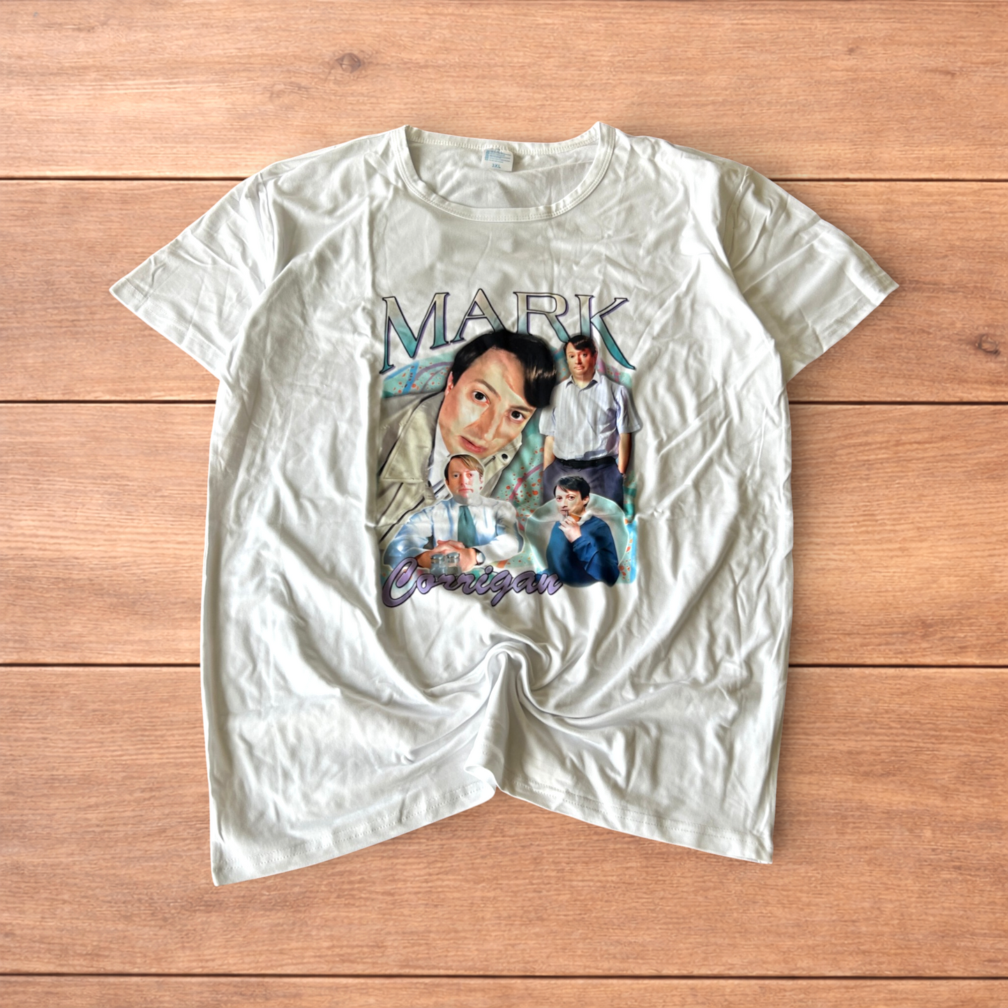 Novelty Peep Show Mark Corrigan T-shirt in white with front graphic print.