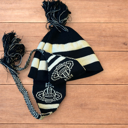 Lovely vintage style Dappy ear flap bobble hat in black/beige stripes.