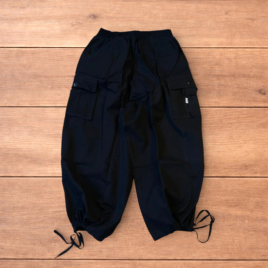 Insane super baggy wide leg Korean cargo parachute trousers in black.
