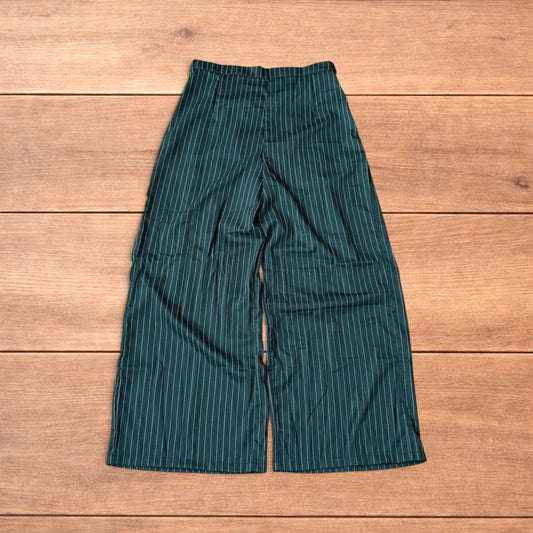 Vintage style baggy wide leg dark green trousers with white pinstripe, button and zip fastening, laid flat