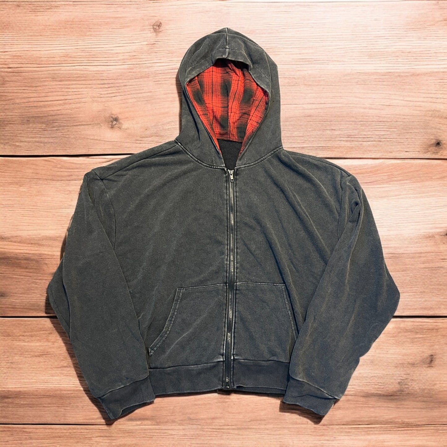 Vintage style zip up hoodie jumper with check in washed grey.