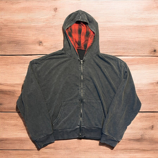 Vintage style zip up hoodie jumper with check in washed grey.